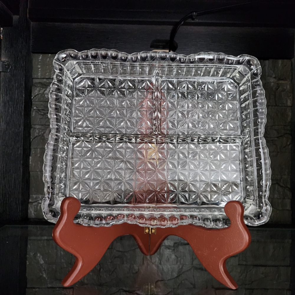 Pressed Glass Divided Vanity Tray OR Relish Dish With Scalloped Edge
